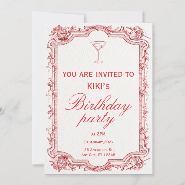 invitación de cumpleaños vintage ilustrada de rojo (Anverso)