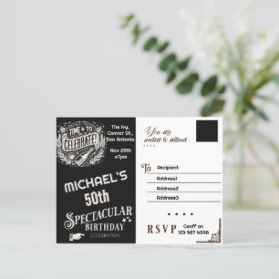 Invitación de cumpleaños vintage negro y blanco
