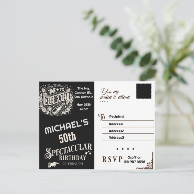 Invitación de cumpleaños vintage negro y blanco (Anverso de pie)
