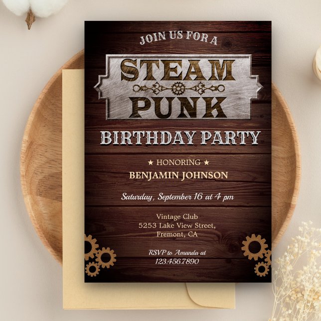 Invitación de cumpleaños Vintage Rustic Steampunk (Subido por el creador)