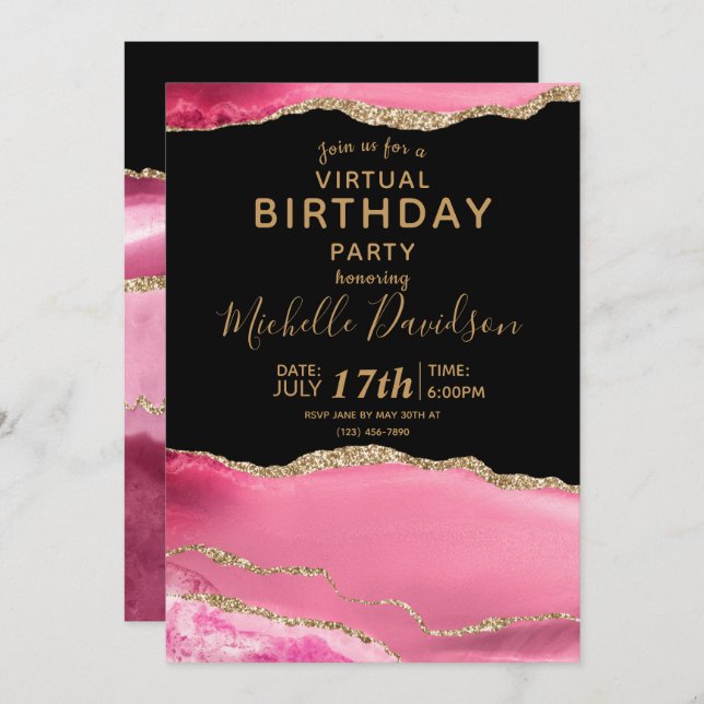 Invitación de cumpleaños virtual a Pink & Gold Aga (Anverso / Reverso)