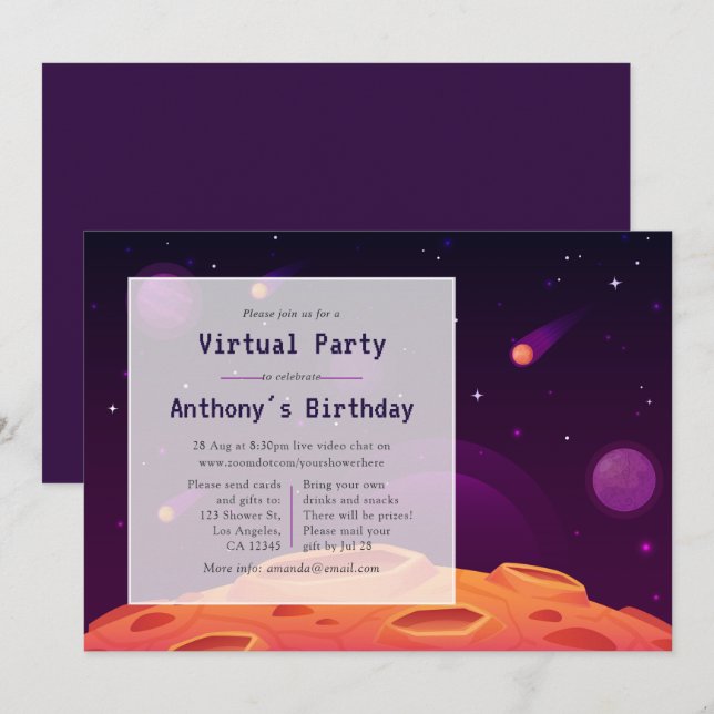 Invitación de cumpleaños virtual espacial (Anverso / Reverso)