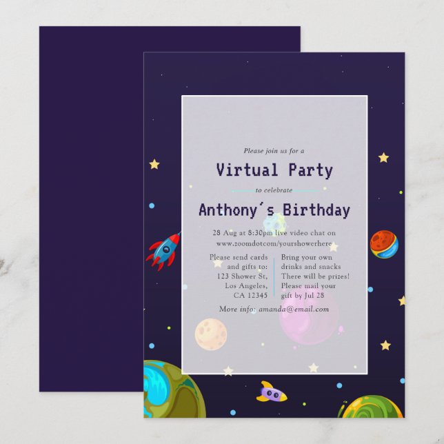 Invitación de cumpleaños virtual espacial (Anverso / Reverso)