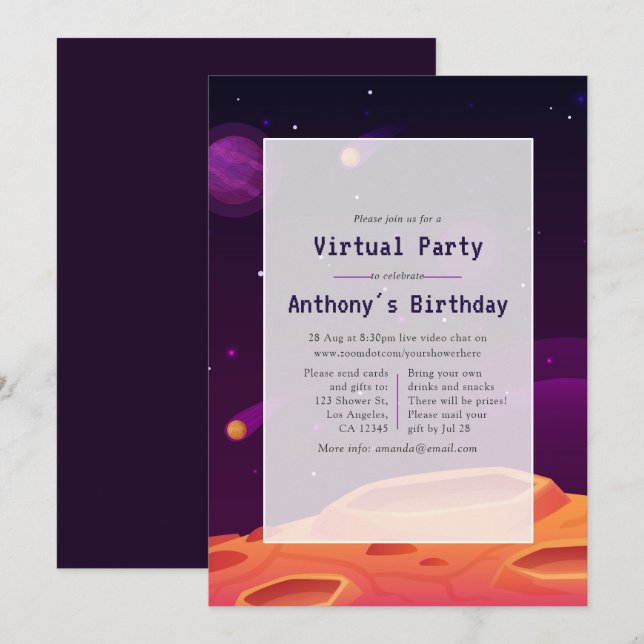 Invitación de cumpleaños virtual espacial (Anverso / Reverso)