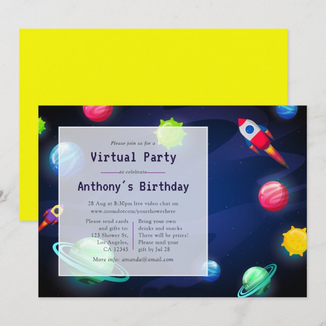 Invitación de cumpleaños virtual espacial (Anverso / Reverso)
