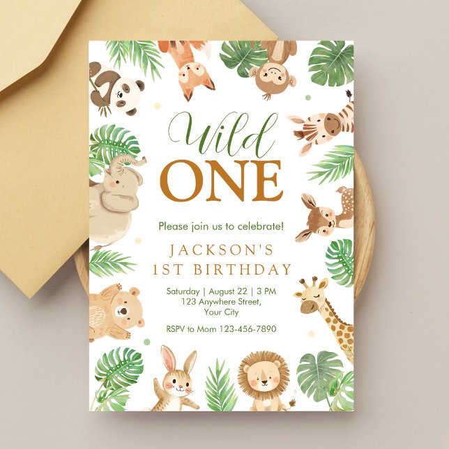 Invitación de cumpleaños Wild One (Wild one birthday invitation with safari animals and tropical greenery for boys)
