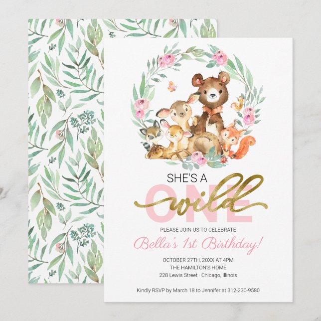 Invitación de cumpleaños Wild One 1st Animales del (Anverso / Reverso)