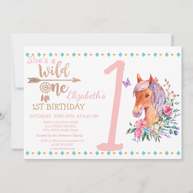Invitación de cumpleaños Wild One, Flechas, Flores (Anverso)