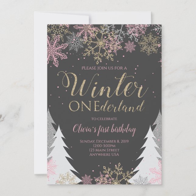Invitación de cumpleaños Winter ONEderland Rosa (Anverso)