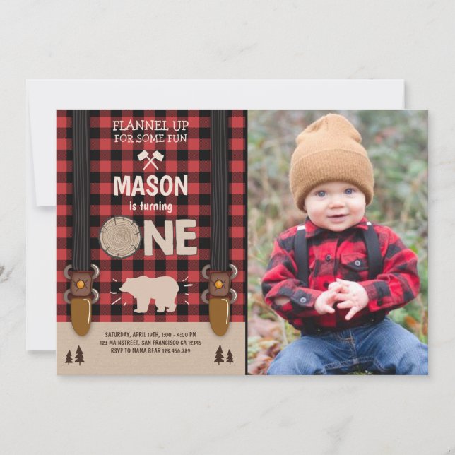 Invitación de cumpleaños Woodland Plaid Red (Anverso)