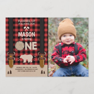 Invitación de cumpleaños Woodland Plaid Red