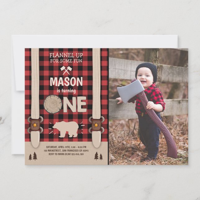 Invitación de cumpleaños Woodland Plaid Red (Anverso)