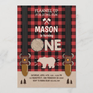 Invitación de cumpleaños Woodland Plaid Red
