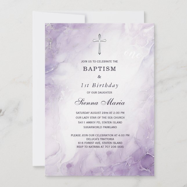 Invitación de cumpleaños y bautizo para niña de 1  (Anverso)