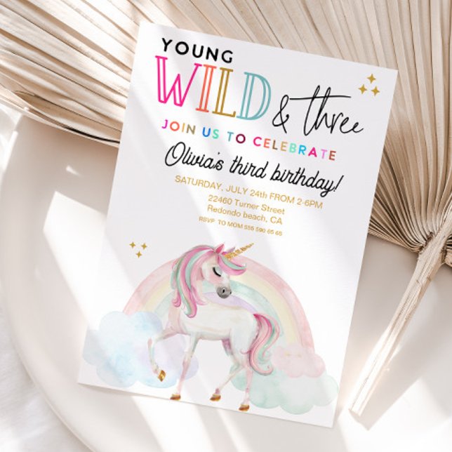Invitación de cumpleaños Young Wild & Three Unicor (Young Wild and three rainbow unicorn 3rd birthday invitation)