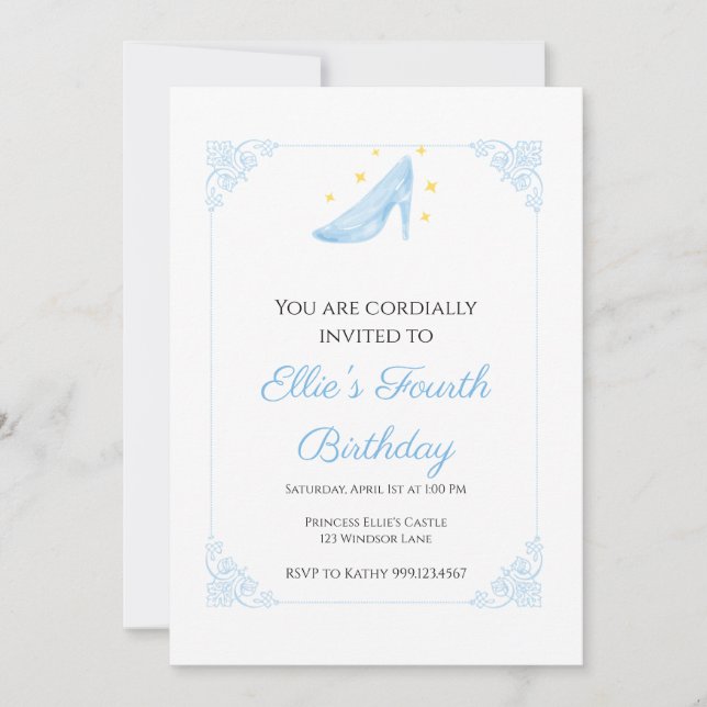 Invitación de cumpleaños zapatilla de la princesa  (Anverso)