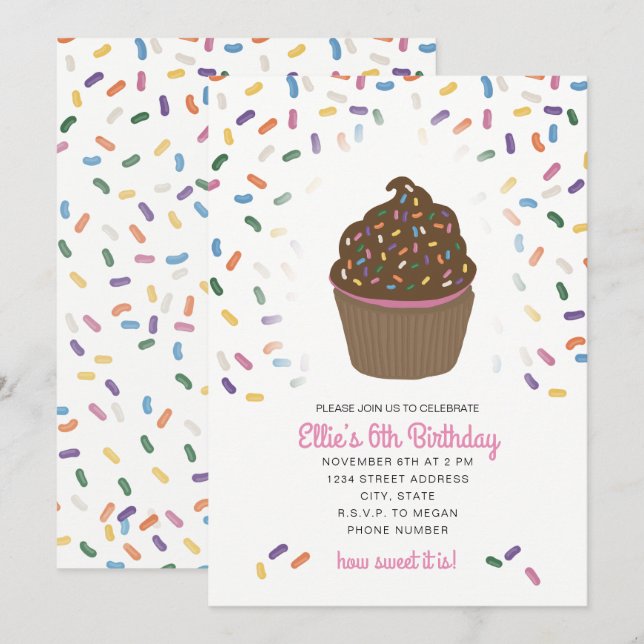 Invitación de Cupcake Con Sprinkles (Anverso / Reverso)