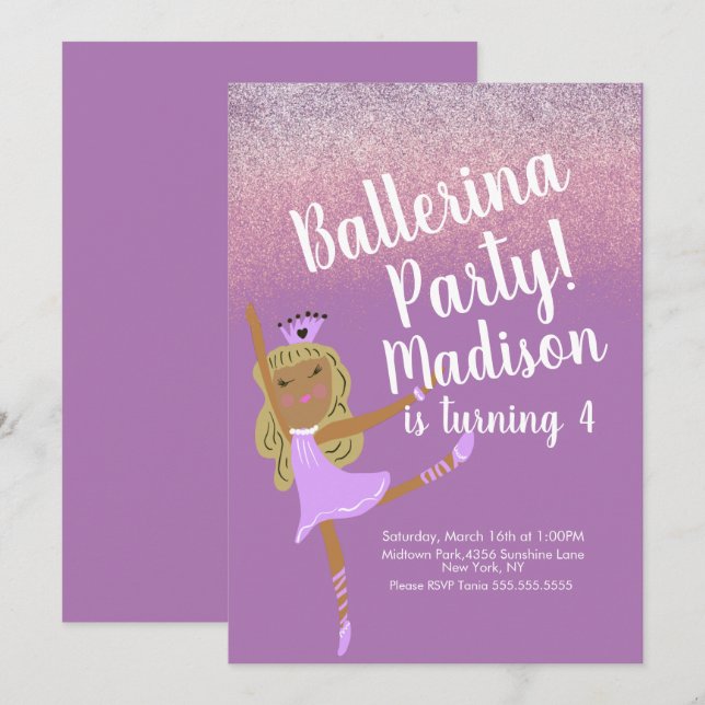 Invitación de Cute Ballerina Fiesta Doodle (Anverso / Reverso)