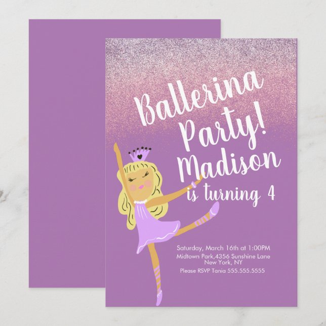 Invitación de Cute Ballerina Fiesta Doodle (Anverso / Reverso)