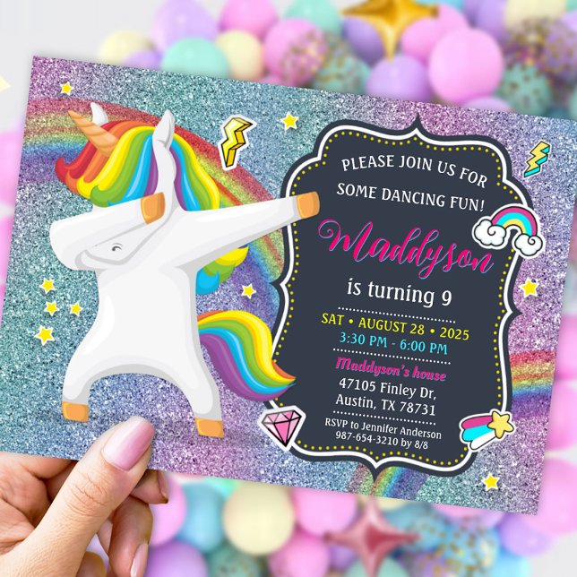 Invitación de Dabbing Unicorn a Fiesta de danza (Dabbing Unicorn Invitation for Dance Party)