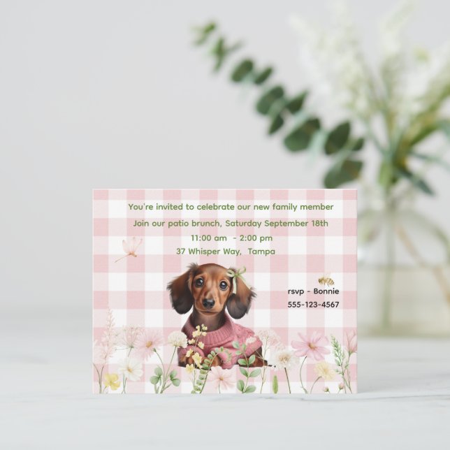 Invitación de Dachshund a Cuadros Rosados (Anverso de pie)