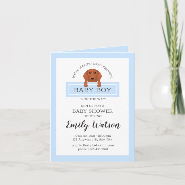 Invitación de Dachshund Baby Shower Boy (Anverso)