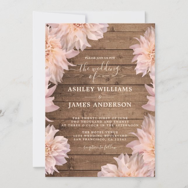 Invitación de Dahlia Pink Floral Rustic Wood Weddi (Anverso)