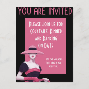 Invitación de dama chic con sombrero/guantes rosad