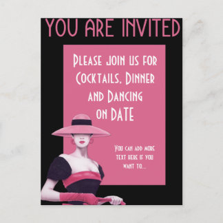 Invitación de dama chic con sombrero/guantes rosad