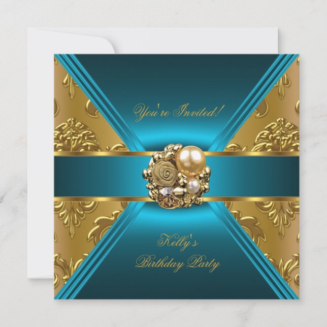 Invitación de Damasco Azul Teal Dorado para Fiesta (Anverso)
