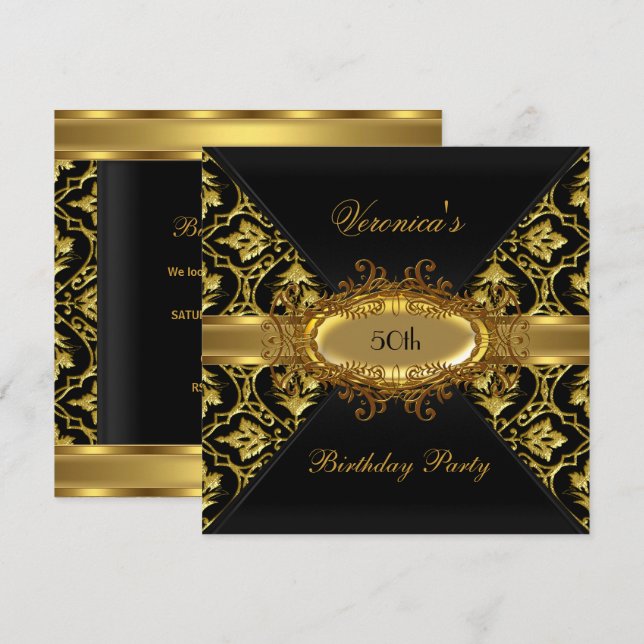 Invitación de Damasco dorado y negro para fiesta d (Anverso / Reverso)