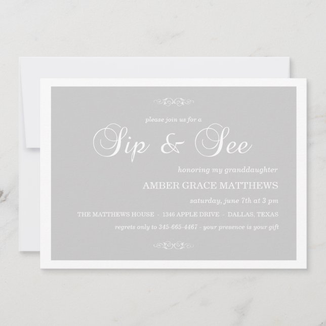 Invitación de damasco gris y blanco para Sip And S (Anverso)