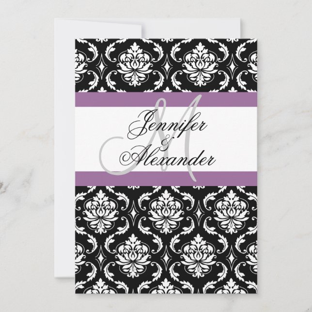 Invitación de Damasco Morado con Monograma de Boda (Anverso)