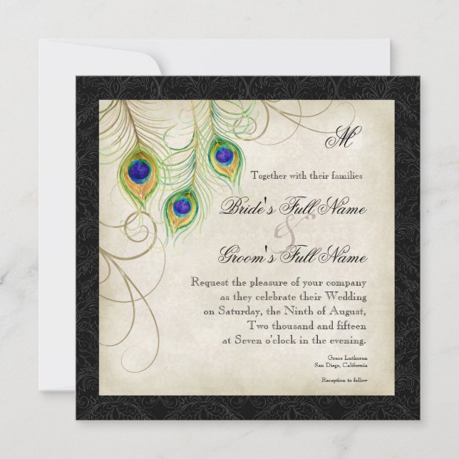 Invitación de Damasco Negro de plumas de pavo real (Anverso)