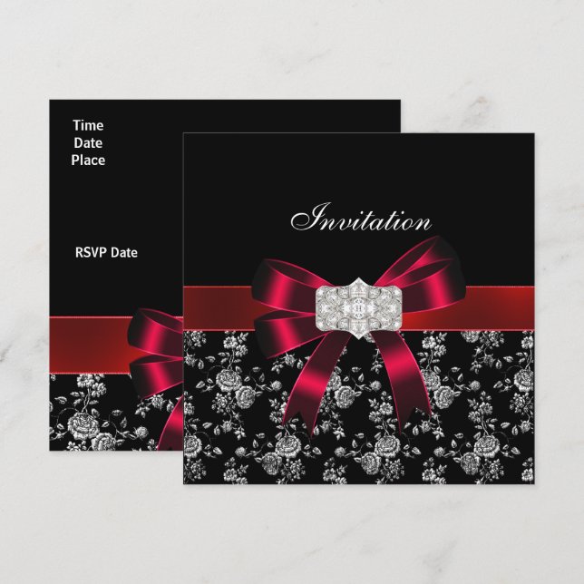 Invitación de damasco negro rojo blanco joya arco (Anverso / Reverso)