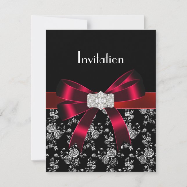 Invitación de damasco negro rojo blanco joya arco (Anverso)