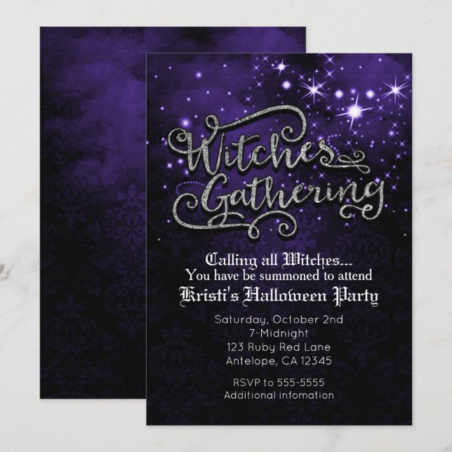 Invitación de Damasco Negro y Morado de Reunión de (Anverso / Reverso)