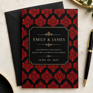 Invitación de Damasco Rojo Elegante Negro y Rojo