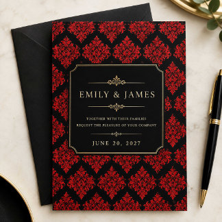 Invitación de Damasco Rojo | Elegante Negro y Rojo