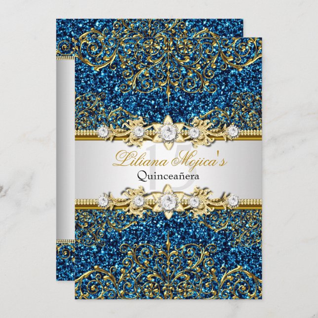 Invitación de Damask Quinceanera, Purpurina de oro (Anverso / Reverso)