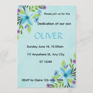 Invitación de dedicación de niño azul acuarela flo