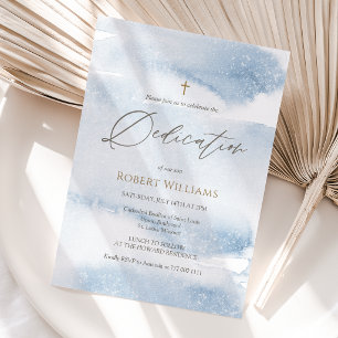 Invitación de dedicación de niño con acuarela azul