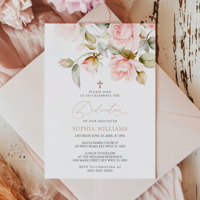 Invitación de dedicación de rosa rosa y hojas de f (Subido por el creador)