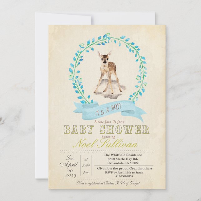 Invitación de Deer Baby Shower Boy (Anverso)