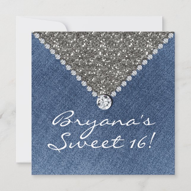 Invitación de Denim Diamonds Plata Brillo Sweet 16 (Anverso)
