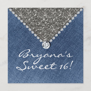 Invitación de Denim Diamonds Plata Brillo Sweet 16