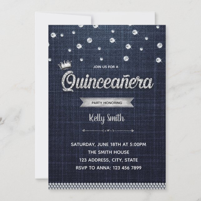 Invitación de Denim y diamante Quinceañera (Anverso)