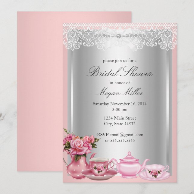 Invitación de Desayuno de Boda Pretty Pink High Te (Anverso / Reverso)