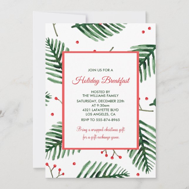 Invitación de desayuno de Navidad Elegante Evergre (Anverso)