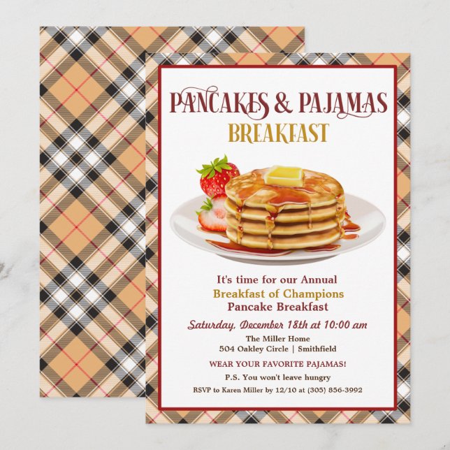 Invitación de desayuno de panqueques y pijamas (Anverso / Reverso)